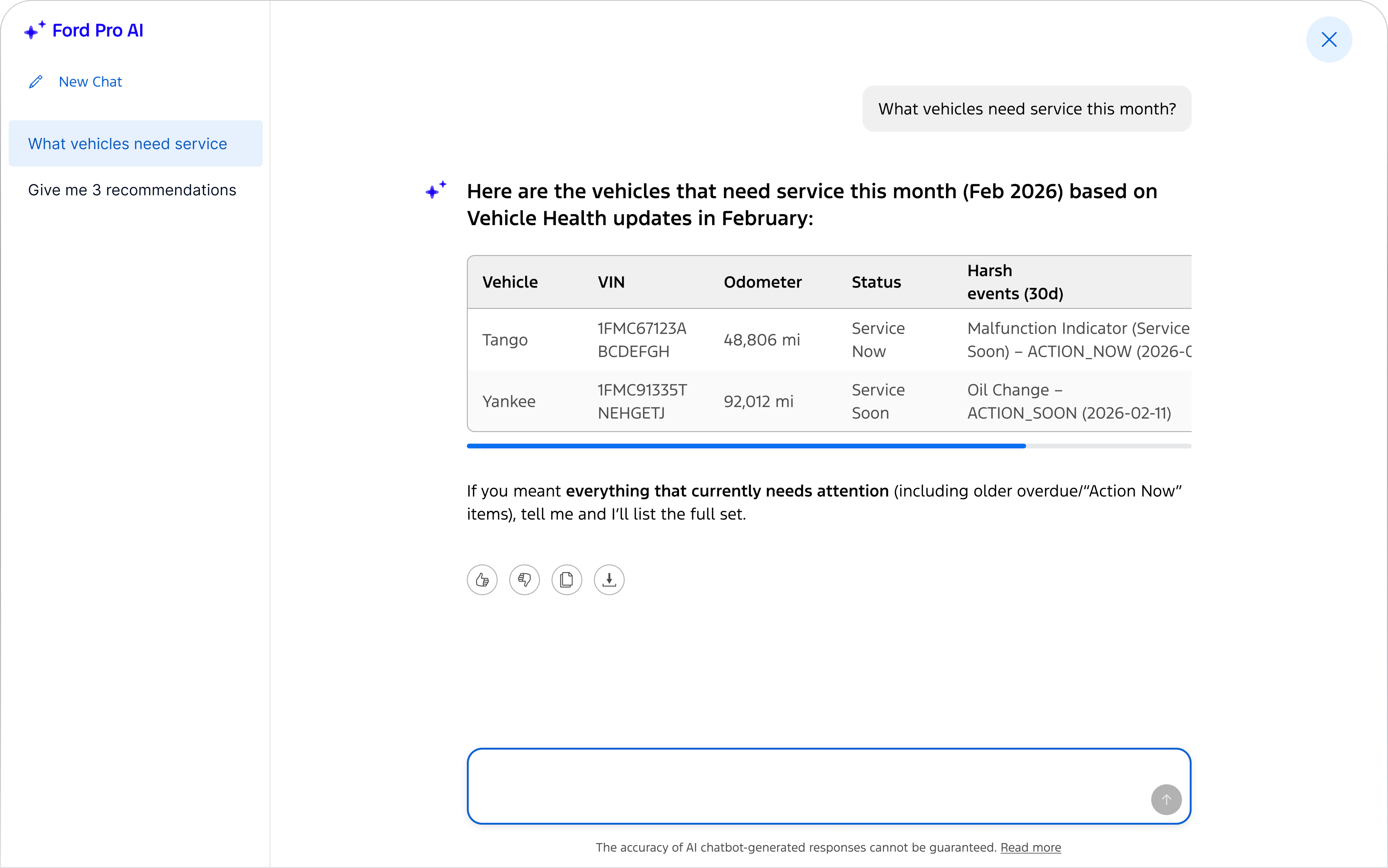 Ford Pro AI is the intelligent fleet assistant that takes the millions of data points your vehicles generate and turns them into insights you can act on.  
